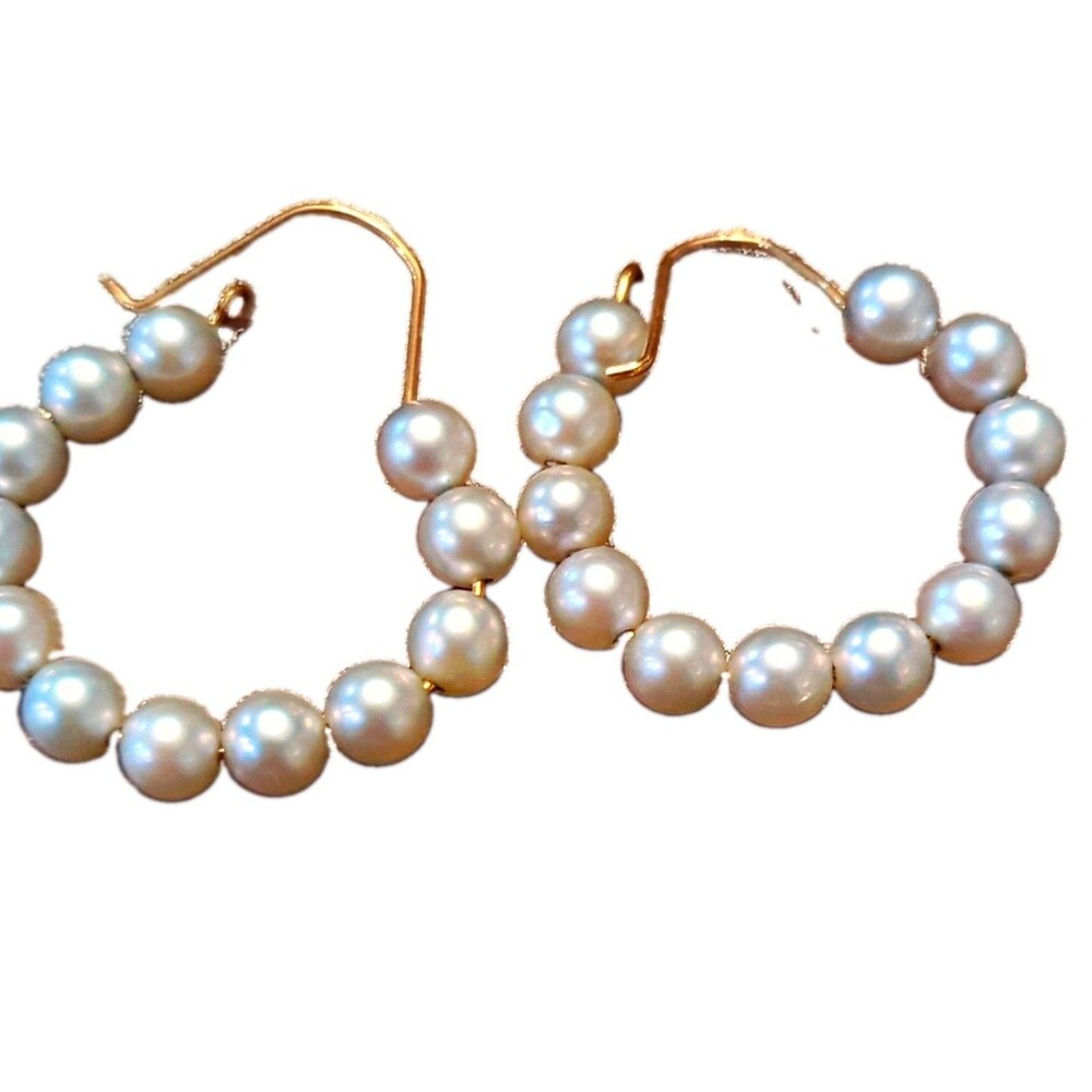 Gold-Tone Hoop Earrings with White Simulated Imitation Pearl Beads Hook